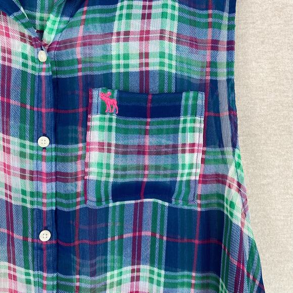Y2K Abercrombie & Fitch Womens Sleeveless Button Up Top Size L Preppy Moose Logo - Picture 2 of 8